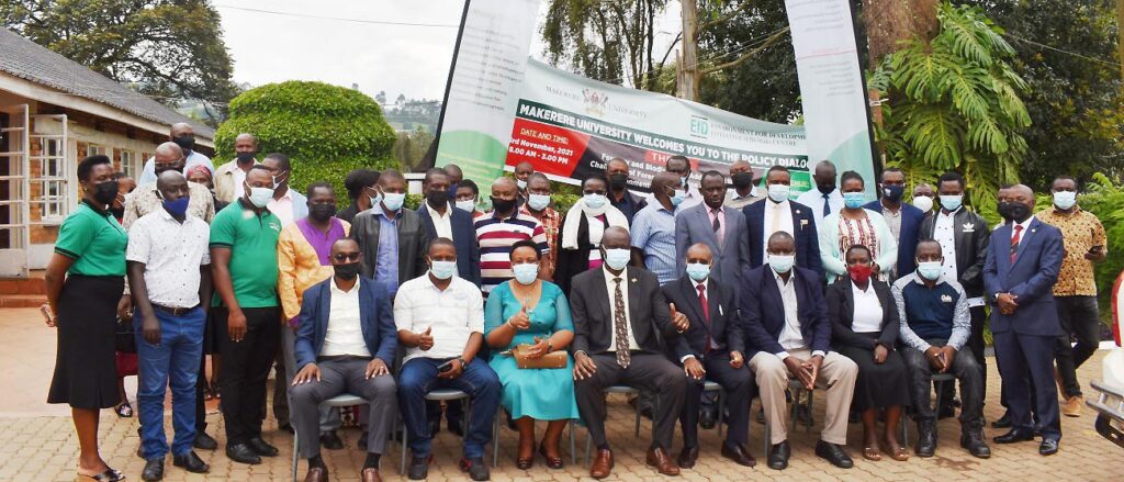 Seated L-R: Mr. Benjamin Ario, Mr. Sam Kyomukama, Ms. Miria Ankankwasa, Mr. Nelson Nshangabasheija, Prof. Johnny Mugisha, Mr. Gordon Manzi and other officials at the EfD-Mak Policy Dialogue held on 3rd November 2021 in Kabale.