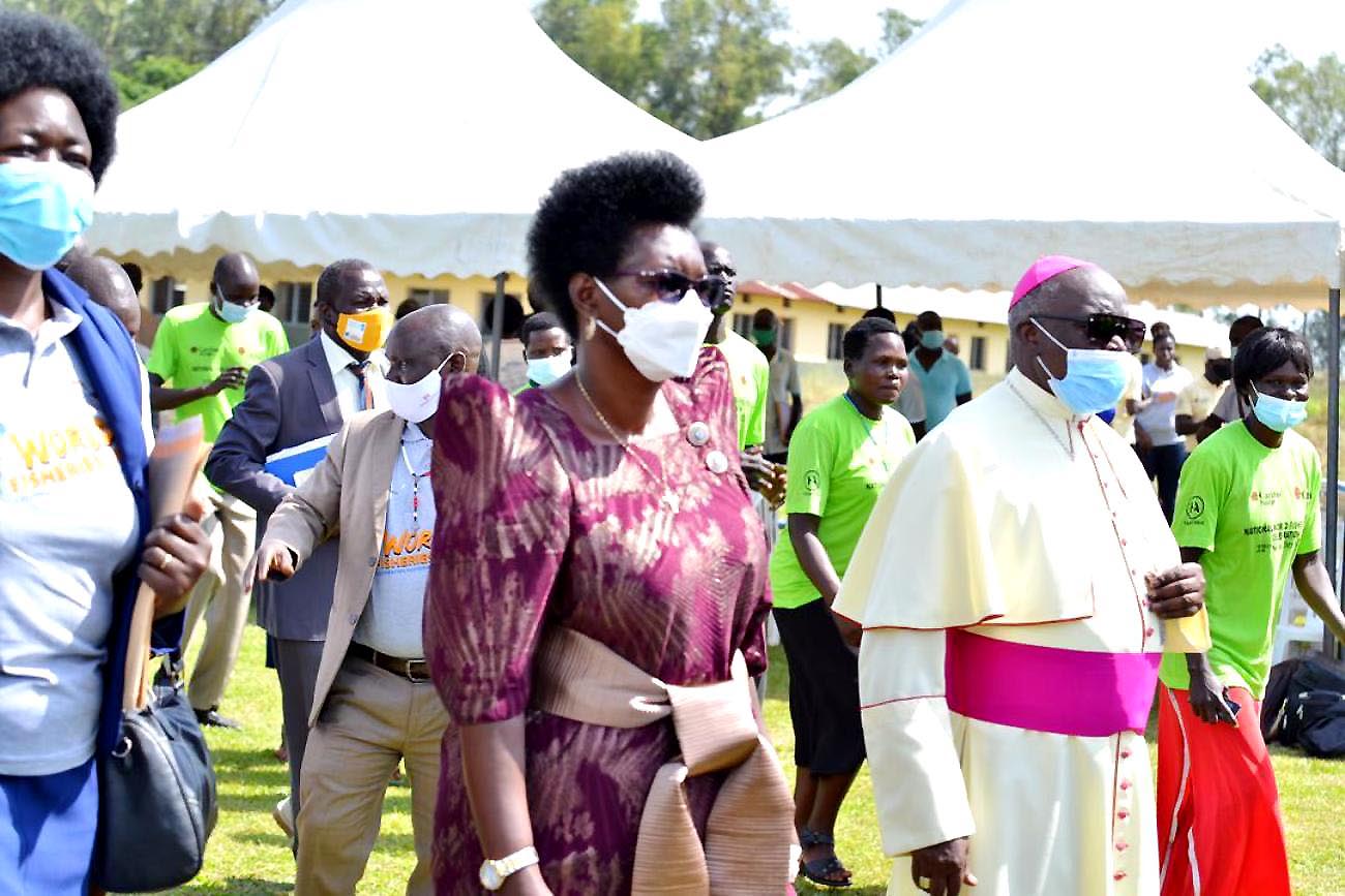 The Minister of State for Fisheries, Hon. Hellen Adoa, and the Archbishop of Gulu Dioscese, His Grace John Baptist Odama arrive for celebrations to mark World Fisheries Day on 22nd November 2021, Layibi Gulu City.