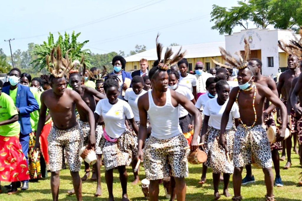Traditional dancers entertain guests at the World Fisheries Day celebrations held at St. Isidoro (Negri) Bar-Dege, Layibi Division in Gulu City on 22nd November 2021. 
