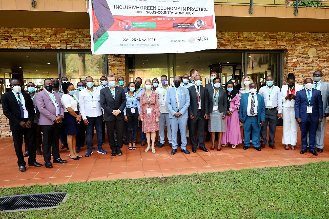 Front Row: Swedish Ambassador to Uganda-H.E. Maria Håkansson (6th L), Vice Chancellor-Prof. Barnabas Nawangwe (7th L) and Director EfD Global Network Assoc. Prof. Gunnar Kohlin (5th L) with other officials at the IGE workshop opening ceremony on 23rd November 2021, Speke Resort Munyonyo, Kampala.