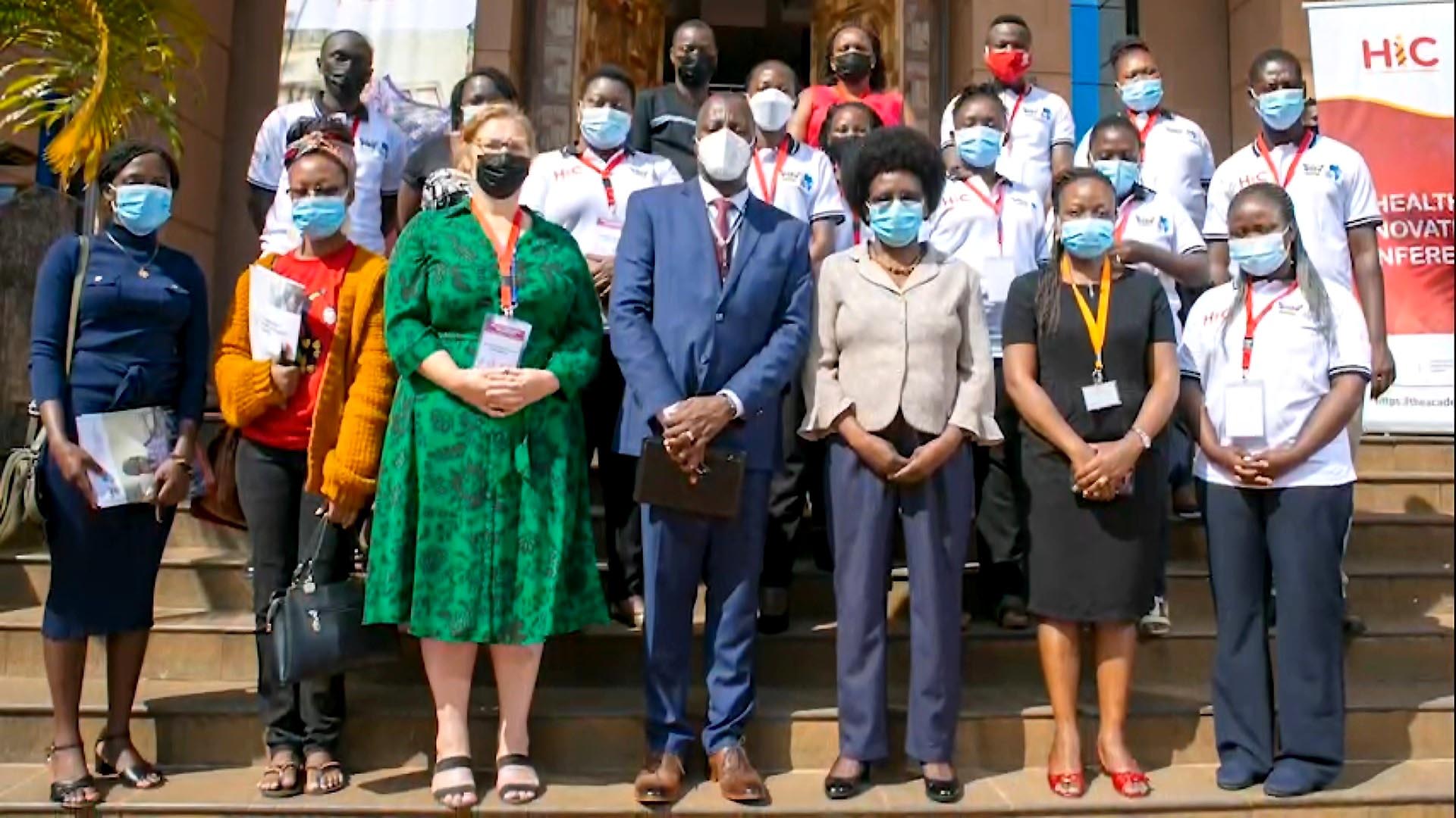 The Minister for Science, Technology and Innovation-Hon. Dr. Monica Musenero (3rd R) with Dr. Andrew Kambugu-Executive Director, IDI (C), Dr. Rosalind Parkes Ratanshi-Director, Academy for Health Innovation Uganda-IDI (3rd L) and other participants at the Health Innovation Conference Launch on 9th November 2021, IDI-McKinnell Knowledge Centre, Makerere University.