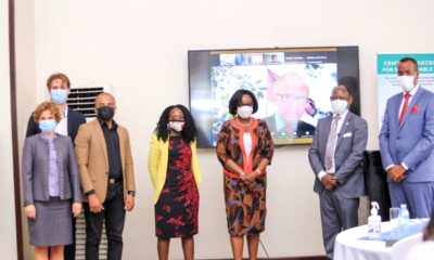 The Vice Chancellor, Prof. Barnabas Nawangwe (2nd R), President of Karolinska Institutet (KI), Prof. Ole Petter Ottersen (on screen) and Dean MakSPH, Prof. Rhoda Wanyenze (3rd R) with officials from KI- Dr. Nina Viberg and Dr. Daniel Hellden, Dr. Egbende Landry from the University of Kinshasa, DRC and Rage M. Shahiid from Benadir University, Somalia at the launch of the CESH workshop on SDGs, 28th October 2021, Golden Tulip Hotel, Kampala Uganda.
