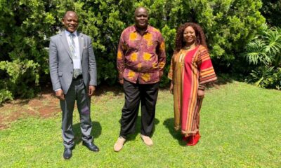 H.E. Amb. Kintu Nyago (C) with the Vice Chancellor, Prof. Barnabas Nawangwe (L) and Prof. Flavia Senkubuge (R) following the discussion on 19th November 2021 in Pretoria, South Africa.