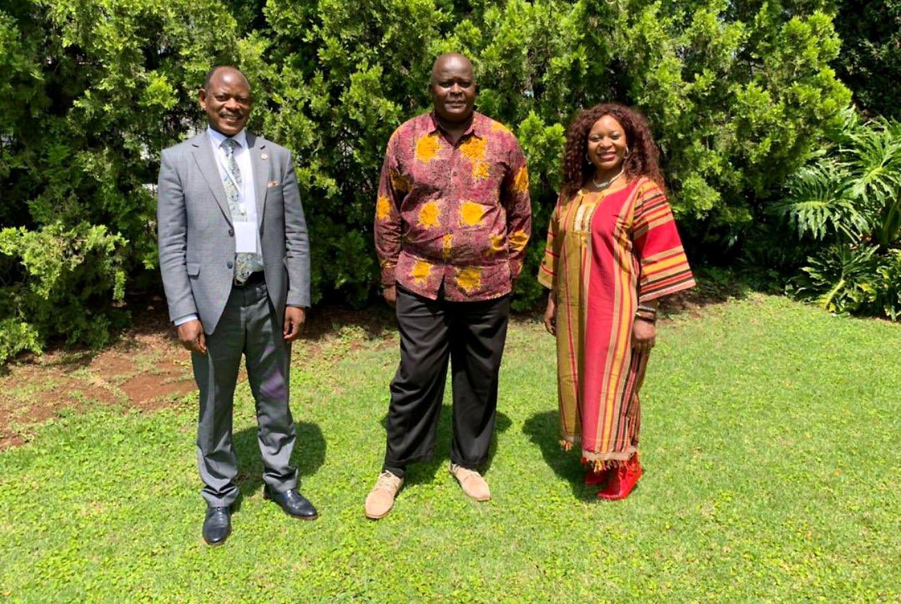 H.E. Amb. Kintu Nyago (C) with the Vice Chancellor, Prof. Barnabas Nawangwe (L) and Prof. Flavia Senkubuge (R) following the discussion on 19th November 2021 in Pretoria, South Africa.