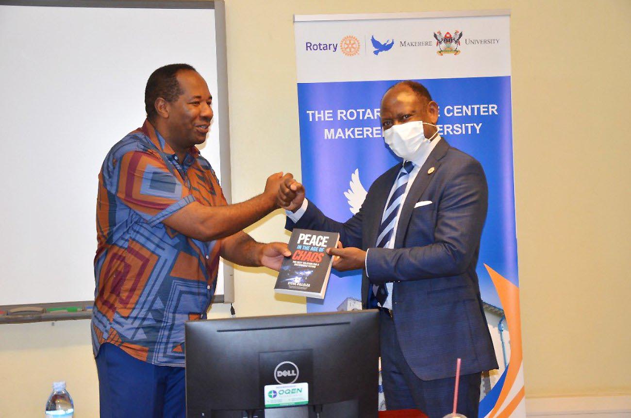 The Vice Chancellor, Prof. Barnabas Nawangwe (R) during the welcome ceremony for the second cohort of Rotary Peace Fellows on 27th October 2021, CTF1, Makerere University.