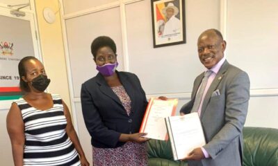 The Vice Chancellor, Prof. Barnabas Nawangwe (R) with the Vice Chancellor Bishop Stuart University (BSU) Prof. Maud Kamatenesi (C) and a BSU official (L) at the MoU signing ceremony on 9th November 2021, CTF1, Makerere University.