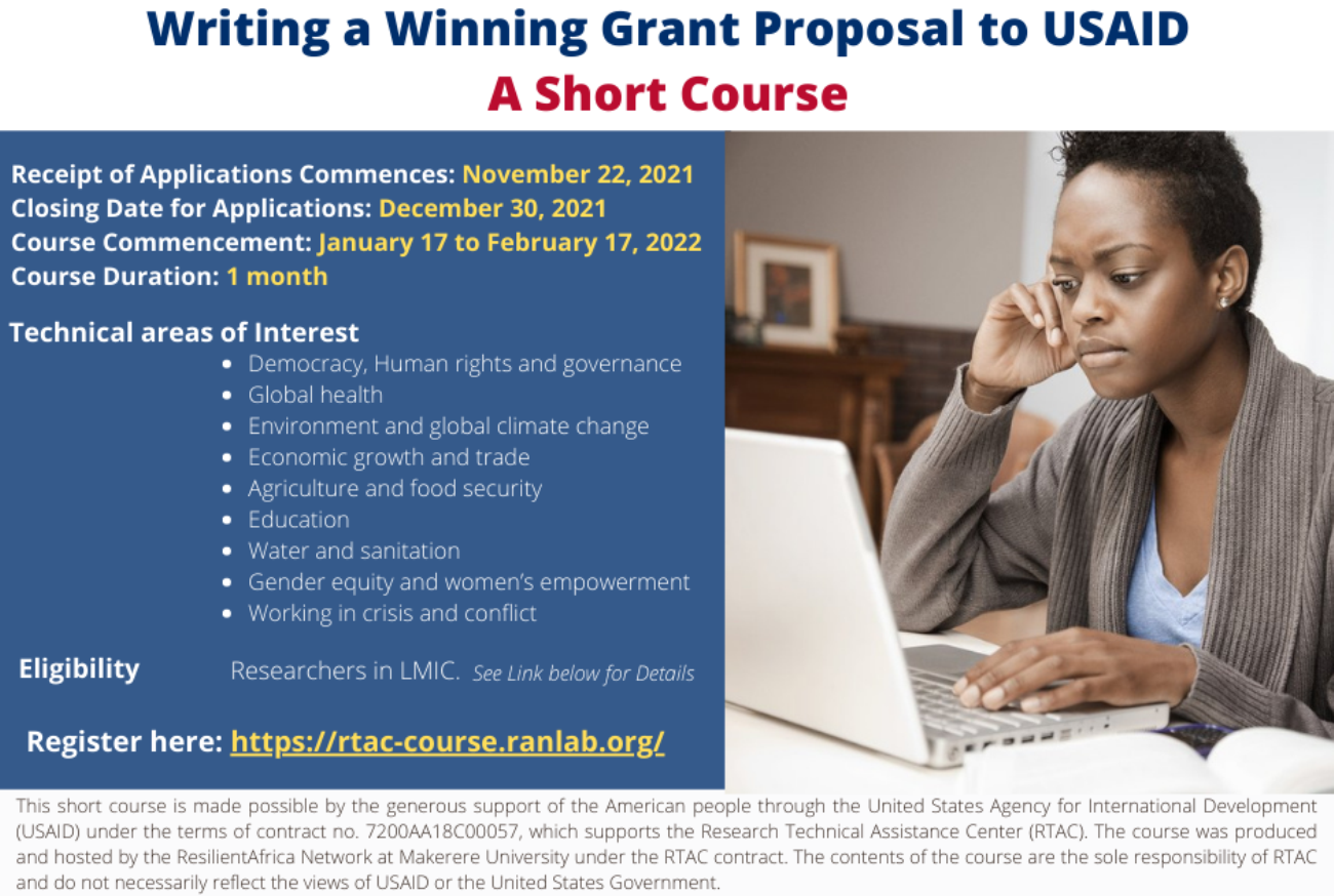 RAN/RTAC Short Course on Writing a Winning Grant Proposal. Application deadline, 30th December 2021.