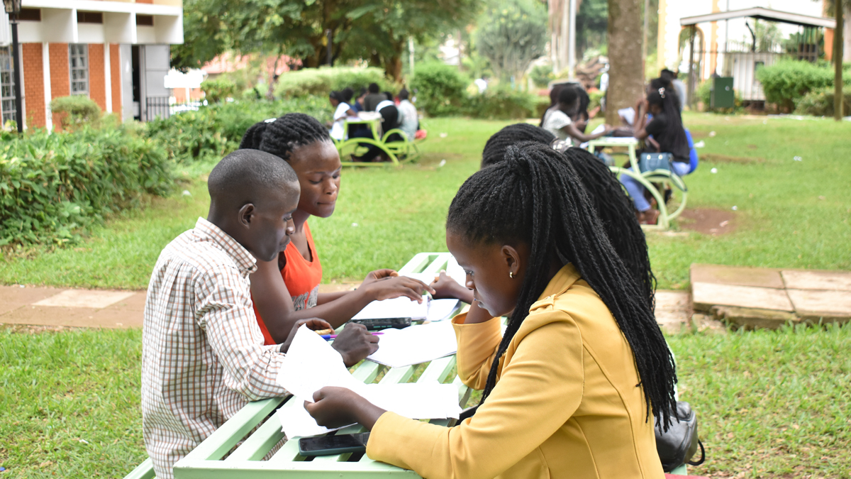 Students preparing for exams in the gardens above the Languages Upper Building, CHUSS, Makerere University.