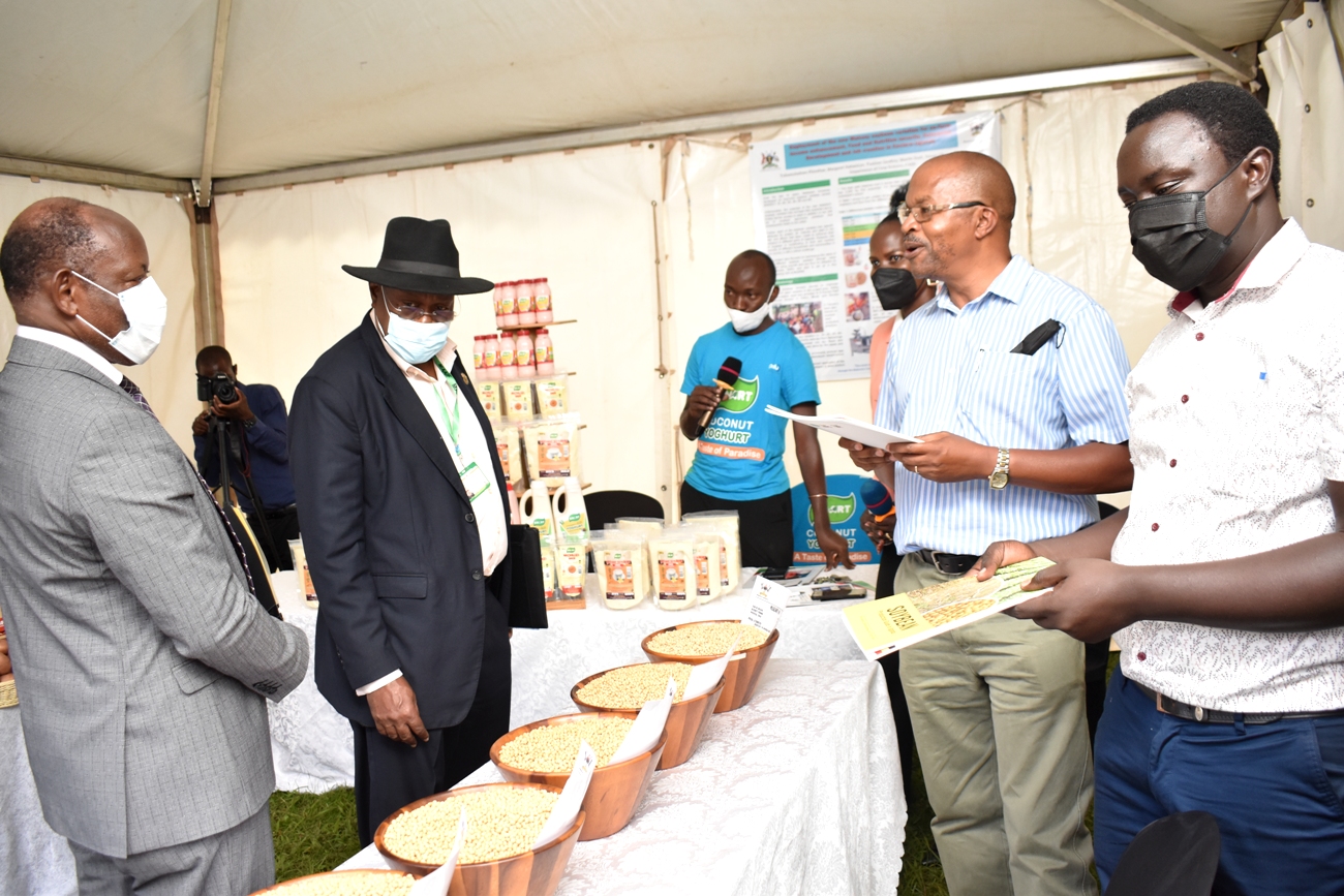 Prof. Phinehas Tukamuhabwa (2nd R) showcases improved soybean varieties to the PS MAAIF, Maj. Gen. David Kasura Kyomukama (2nd L) and the Vice Chancellor, Prof. Barnabas Nawangwe (L) during Mak-RIF CAES Open Day held on 14th December 2021.