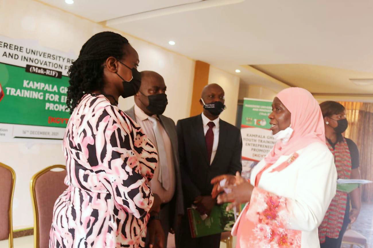 The Minister for Kampala Capital City and Metropolitan Affairs, Hon. Minsa Kabanda (R) with the Principal CEES-Prof. Fred Masagazi Masaazi (2nd L) KGYTEP PI- Dr. Badru Musisi (2nd R) and Ms. Juliet Nabirye-MakRIF during the Stakeholder Engagement on 16th December 2021, Kampala Uganda.