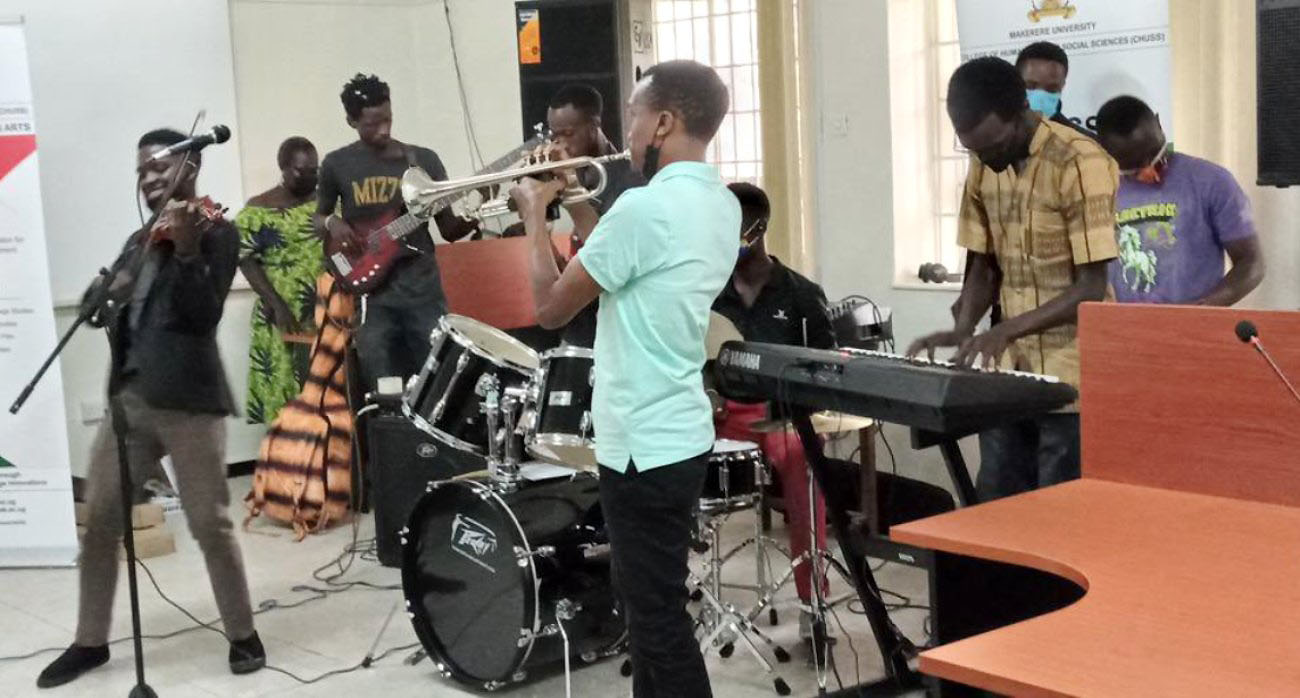 Students of Performing Arts and Film put on a performance for guests during the ceremony to unveil the newly purchased equipment on 15th December 2021 in the CHUSS Smart Room, Makerere University.