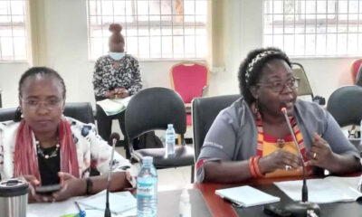 The Principal CHUSS and Mentor to the Presenter, Assoc. Prof. Josephine Ahikire (R) makes her submission as the Dean School of Women and Gender Studies-Assoc. Prof. Sarah Ssali (L) listens.