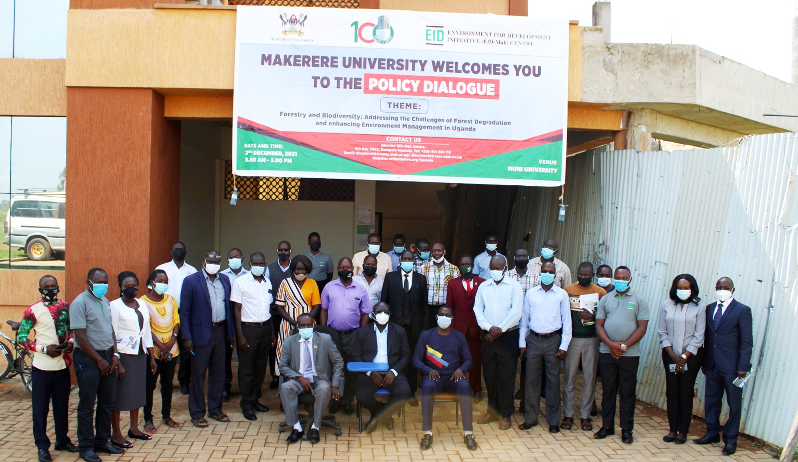 Seated L-R: Arua LCV Chairman-Alfred Okuonzi, VC Muni University-Prof. Robert Kajobe and RDC Arua-Ocen Robert pose for a group photo with participants after the opening ceremony on 2nd December 2021, Arua District.