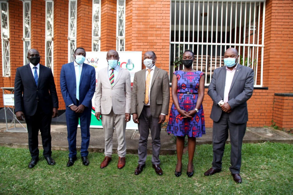 The Vice Chancellor, Prof. Barnabas Nawangwe with the newest members of Management L-R: Mr. Javason Kamugisha-Director Legal Affairs, Mr. Yusuf Kiranda-University Secretary, Prof. Henry Alinaitwe-Ag. DVCFA, Mrs. Winifred Kabumbuli-Dean of Students and Dr. Davis Malowa Ndanyi-Director Human Resources. 