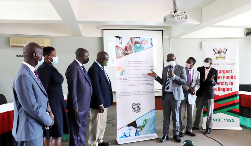 Prof. Barnabas Nawangwe (3rd R) with R-L: Prof. Bernard Bashaasha, Prof. Buyinza Mukadasi, Dr. Nicholas Kiggundu, Dr. Denis Muhangi, Dr. Sarah Bimbona and Mr. John Tumuhimbise-Ministry of Energy and Mineral Development at the SophiA launch. (Photo by Alex Mugalu)