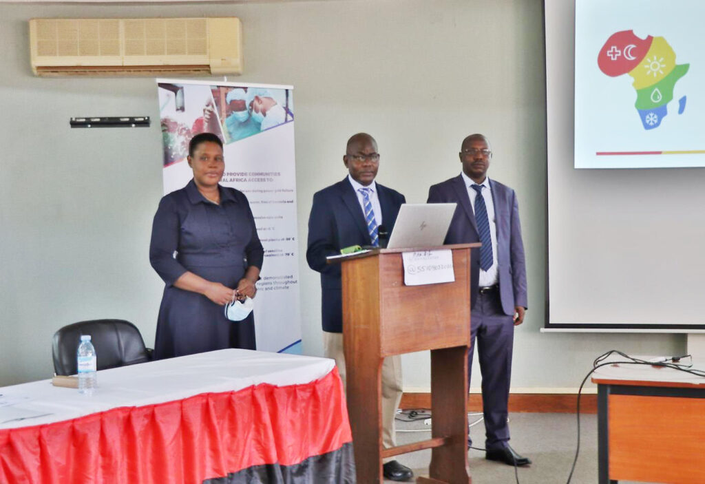 Team Leader-Dr. Nicholas Kiggundu (C) with colleagues Dr. Sarah Bimbona (L) and Dr. Denis Muhangi (R) at the Launch of SophiA (Photo by Alex Mugalu)