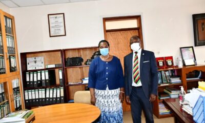 The Vice Chancellor, Prof. Barnabas Nawangwe (R) and the University Librarian, Prof. Helen Byamugisha (L) during the courtesy call on 2nd December 2021, Main Library, Makerere University.