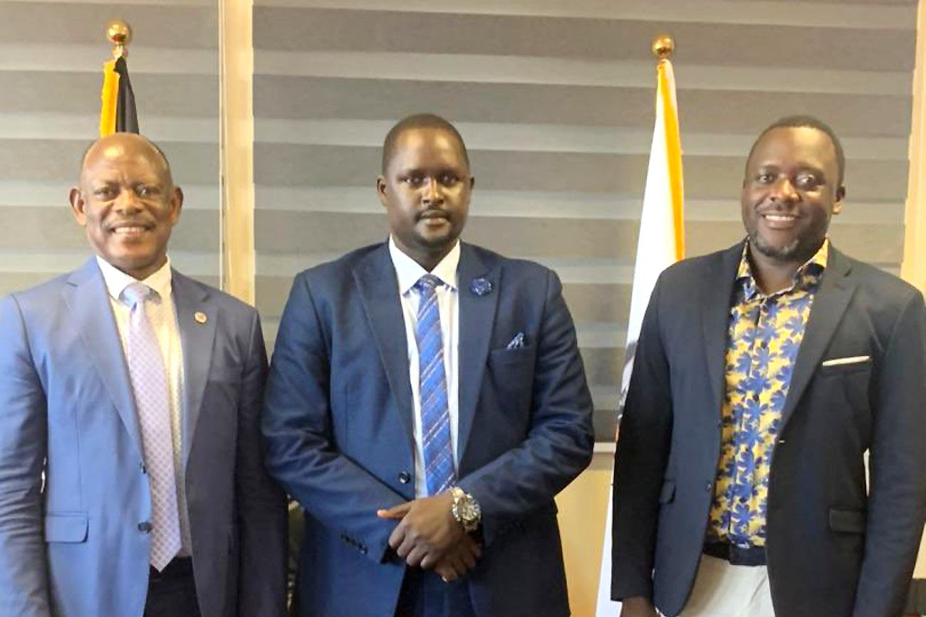 The Vice Chancellor, Prof. Barnabas Nawangwe (L) with Former Guild Presidents Hon. Onekalit Denis (C) and Mr. Yusuf Kiranda (R) during their courtesy call on 9th December 2021, CTF1, Makerere University.