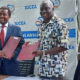 Prof. Adipala Ekwamu (R) and the IUCEA Executive Secretary, Prof. Gaspard Banyankimbona (L) pose with the signed MoU on 17th December 2021 at Makerere University. Photo credit: RUFORUM.