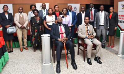 Front Row: The Chairperson Staff Appeals Tribunal-Justice Dr. Patrick Tabaro (L) and Deputy Vice Chancellor (Academic Affairs)-Dr. Umar Kakumba (R) with members of Management and the Tribunal after the swearing-in ceremony on 20th December 2021, CTF1, Makerere University.