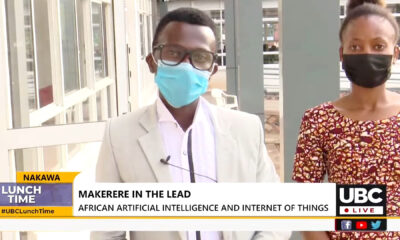 A screenshot of UBC TV's Lunchtime Bulletin of 20th November 2021 showing Mr. Mbusa Joseph (L) and a teammate at the UICT Premises in Nakawa.
