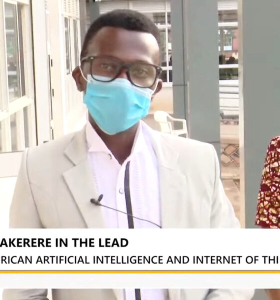 A screenshot of UBC TV's Lunchtime Bulletin of 20th November 2021 showing Mr. Mbusa Joseph (L) and a teammate at the UICT Premises in Nakawa.