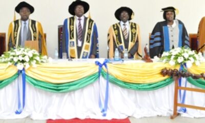 L-R MUST: DVC-Prof. Pamela Mbabazi, Out-going VC-Prof. Prof. F.I.B Kayanja, Chancellor-Prof. Peter N. Mugyenyi, In-coming VC-Prof. Celestino Obua, Minister of Education and Sports-Hon. Maj (Rtd). Jessica Alupo and Chairperson of Council-Dr. Ben Mbonye at the VC Inauguration on 24th October 2014. Image courtesy MUST