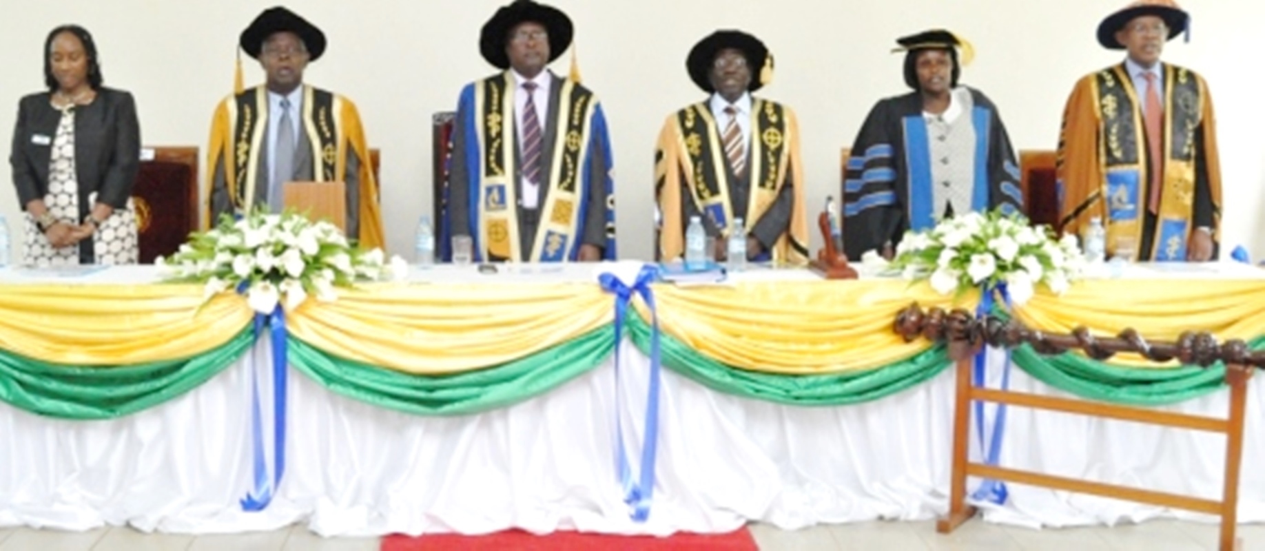 L-R MUST: DVC-Prof. Pamela Mbabazi, Out-going VC-Prof. Prof. F.I.B Kayanja, Chancellor-Prof. Peter N. Mugyenyi, In-coming VC-Prof. Celestino Obua, Minister of Education and Sports-Hon. Maj (Rtd). Jessica Alupo and Chairperson of Council-Dr. Ben Mbonye at the VC Inauguration on 24th October 2014. Image courtesy MUST