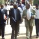 Minister of State for Agriculture Hon. Zerubabel Nyiira (2nd L) being welcomed to the college by Prof. Frank Kansiime the Deputy Principal, CAES (2nd R) along with other College staff.