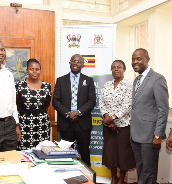 Outgoing HoD-Dr. Nambi Rebecca (3rd R) and Incoming HoD-Dr. Muhammad Kiggundu Musoke (3rd L) with the Dean SoE-Dr. Mathias Mulumba (2nd R), CEES HR Officer-Mr. Godfrey Makubuya (R), Ms. Betty Kyakuwa and another official at the handover ceremony on 13th January 2022.