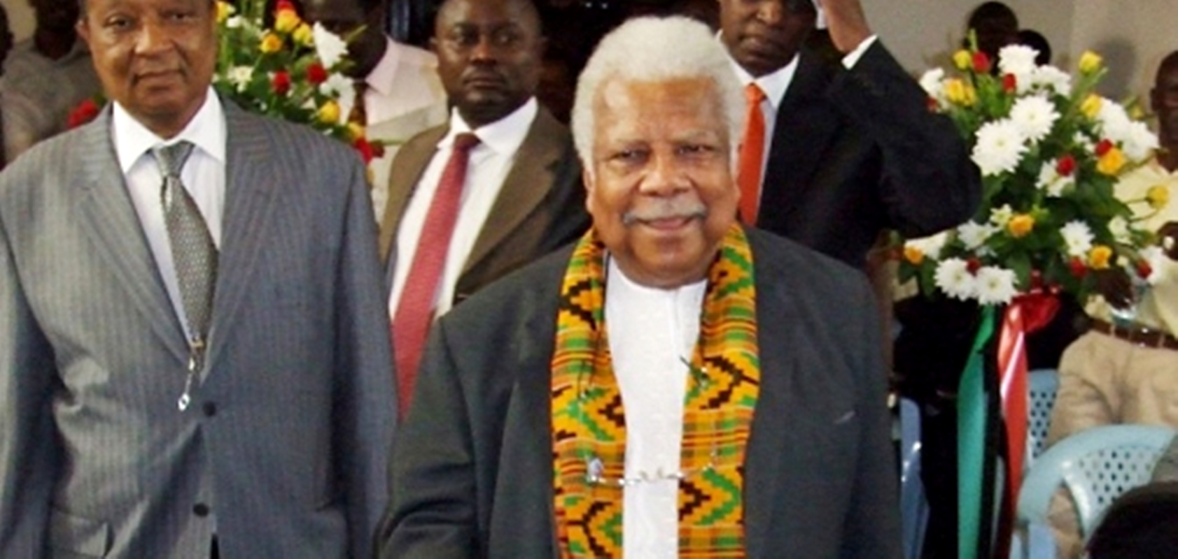 Prof. Ali A. Mazrui (Front) makes his way into the Main Hall, Makerere University at the Mazruiana Project Launch on 11th August 2009.