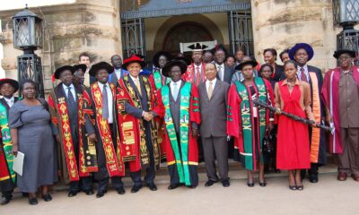 The Vice President, H.E. Edward Ssekandi and the Chancellor, Prof. Mondo Kagonyera shake hands after the installation ceremony on 12th January 2012 at Makerere University.