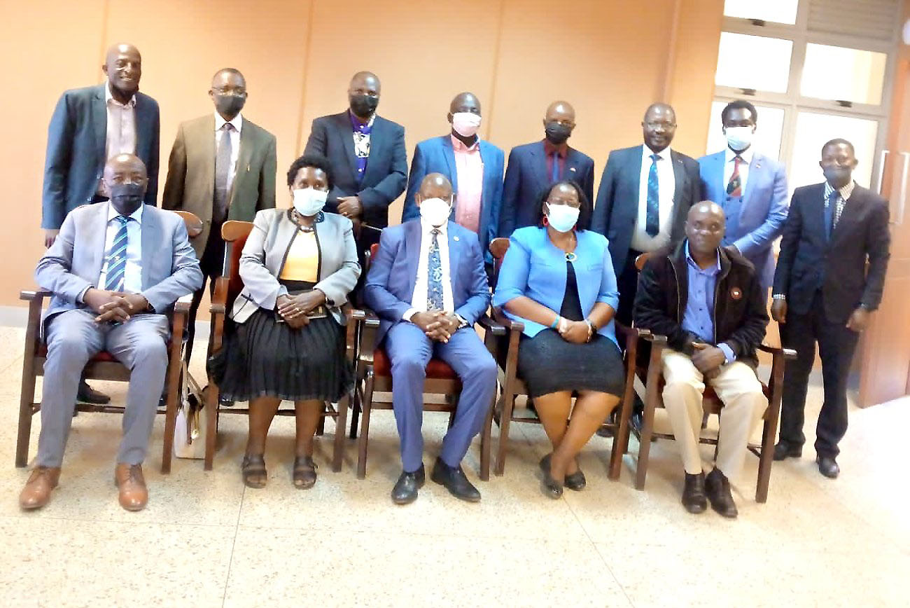 The Vice Chancellor, Prof. Barnabas Nawangwe (Front Centre) with Members at the launch of the Makerere University Professors' Forum on 18th January 2022.