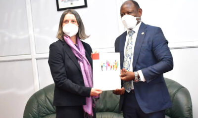 The Vice Chancellor Prof. Barnabas Nawangwe (R) with the Austrian Embassy's Dr. Roswitha Kremser during their meeting on 24th January 2022, CTF1, Makerere University.