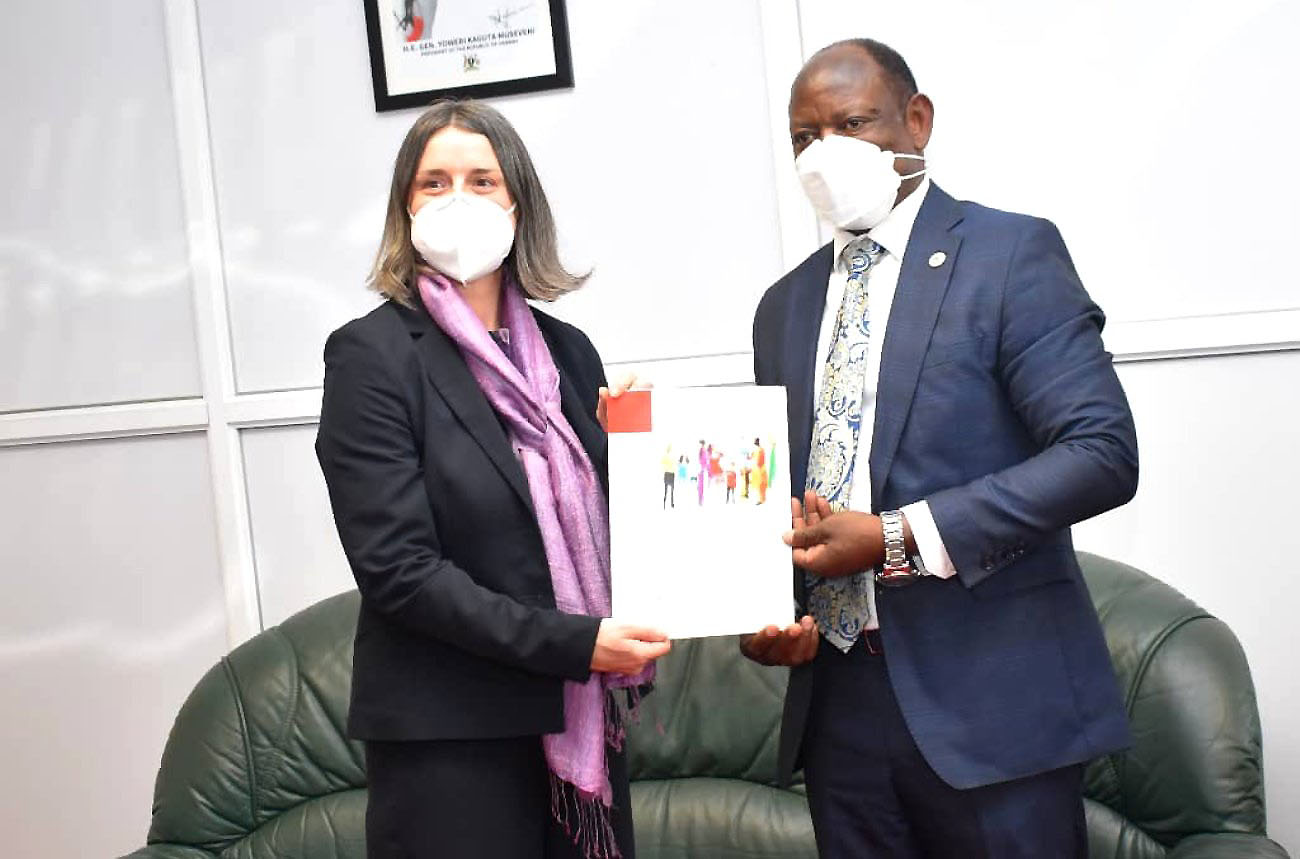 The Vice Chancellor Prof. Barnabas Nawangwe (R) with the Austrian Embassy's Dr. Roswitha Kremser during their meeting on 24th January 2022, CTF1, Makerere University.