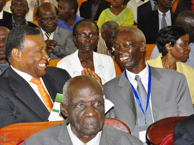 Former Vice Chancellor, Prof. Livingstone Luboobi (2nd Row R) and Trinidad and Tobago High Commissioner to Uganda, H.E. Patrick Edwards share a light moment. Front Row is Rwot Ananiya Akera, Mwalimu Julius Nyerere's former Roommate while 3rd Row Right is Prof. Josephine Nambooze. 
