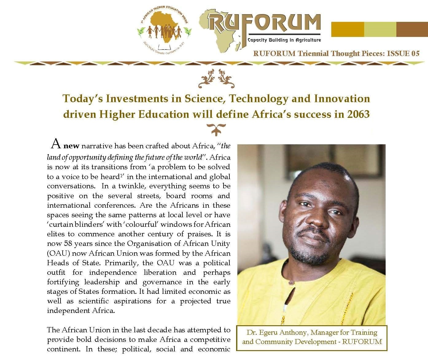 RUFORUM Triennial Thought Pieces: ISSUE 05 by Dr. Egeru Anthony, Manager for Training and Community Development - RUFORUM.