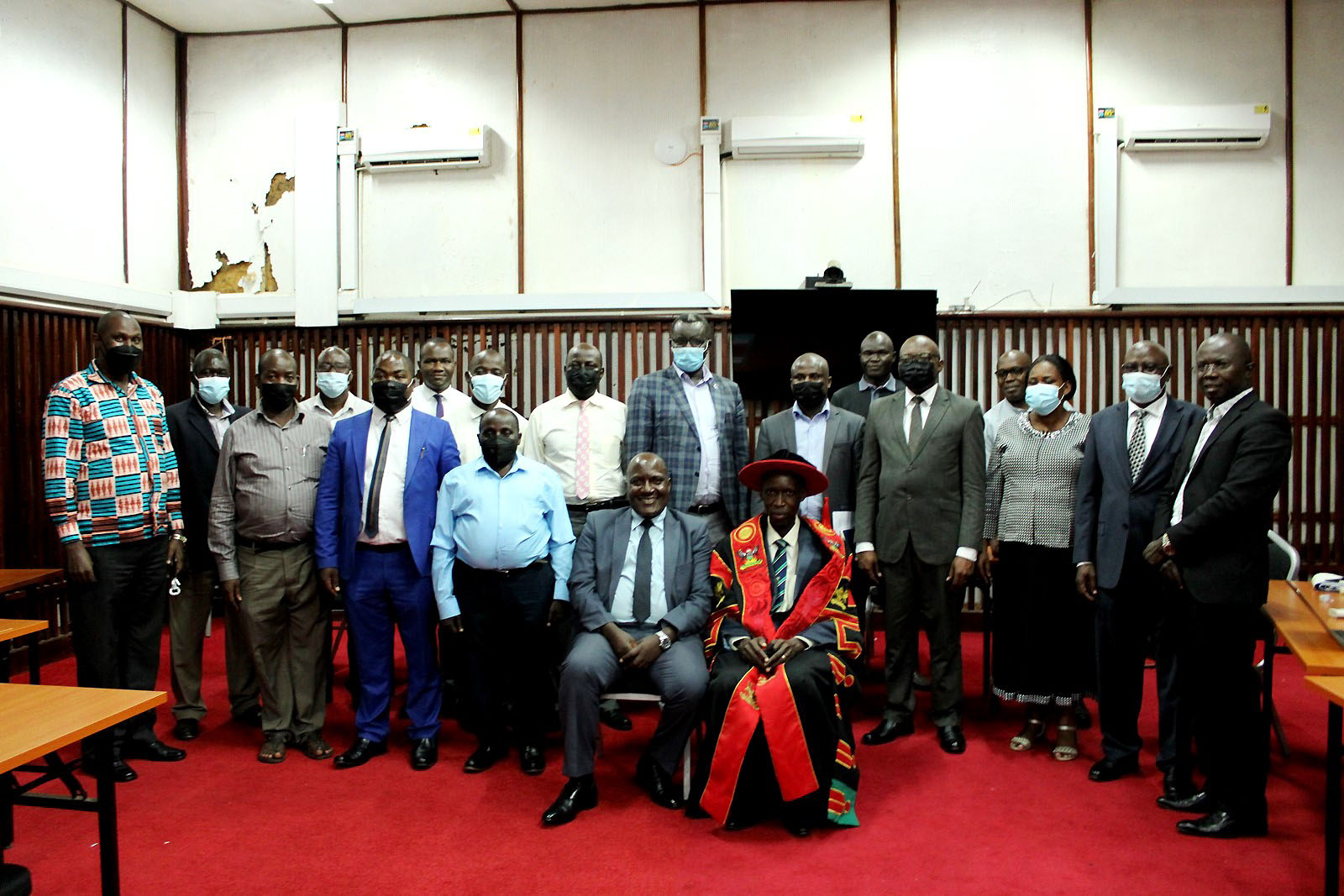 Seated L-R: Prof. Fred Masagazi Masaazi and Prof. Anthony Mugagga Muwagga with Members of Management and CEES Leadership that witnessed the handover ceremony on 11th February 2022, AVU Conference Room, Makerere University.