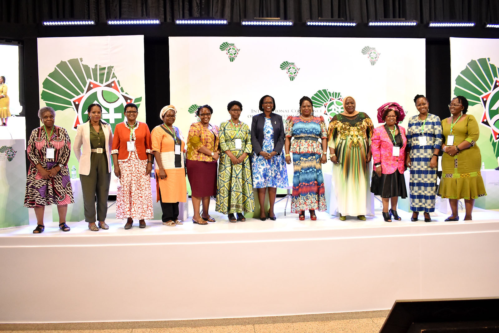 Minister of Gender, Labour & Social Development-Hon. Betty Amongi (5th R) and Chairperson of Council-Mrs. Lorna Magara (6th R) with R-L: Prof. Grace Bantebya, Dr. Sarah Ssali, Dr. Nyepudzayi Mercy Nyangulu, Hajat Faridah Kibowa, Prof. Joy Kwesiga, Dr. Theopista Sekitto Ntale, Prof. Consolata Kabonesa, Ms. Jolly Uzamukunda Karabaaya, Ms. Grace Muliisa and Prof. Maxine Ankrah at the ICGSA Closing ceremony on 25th February 2022 at the CTF2 Auditorium, Makerere University.