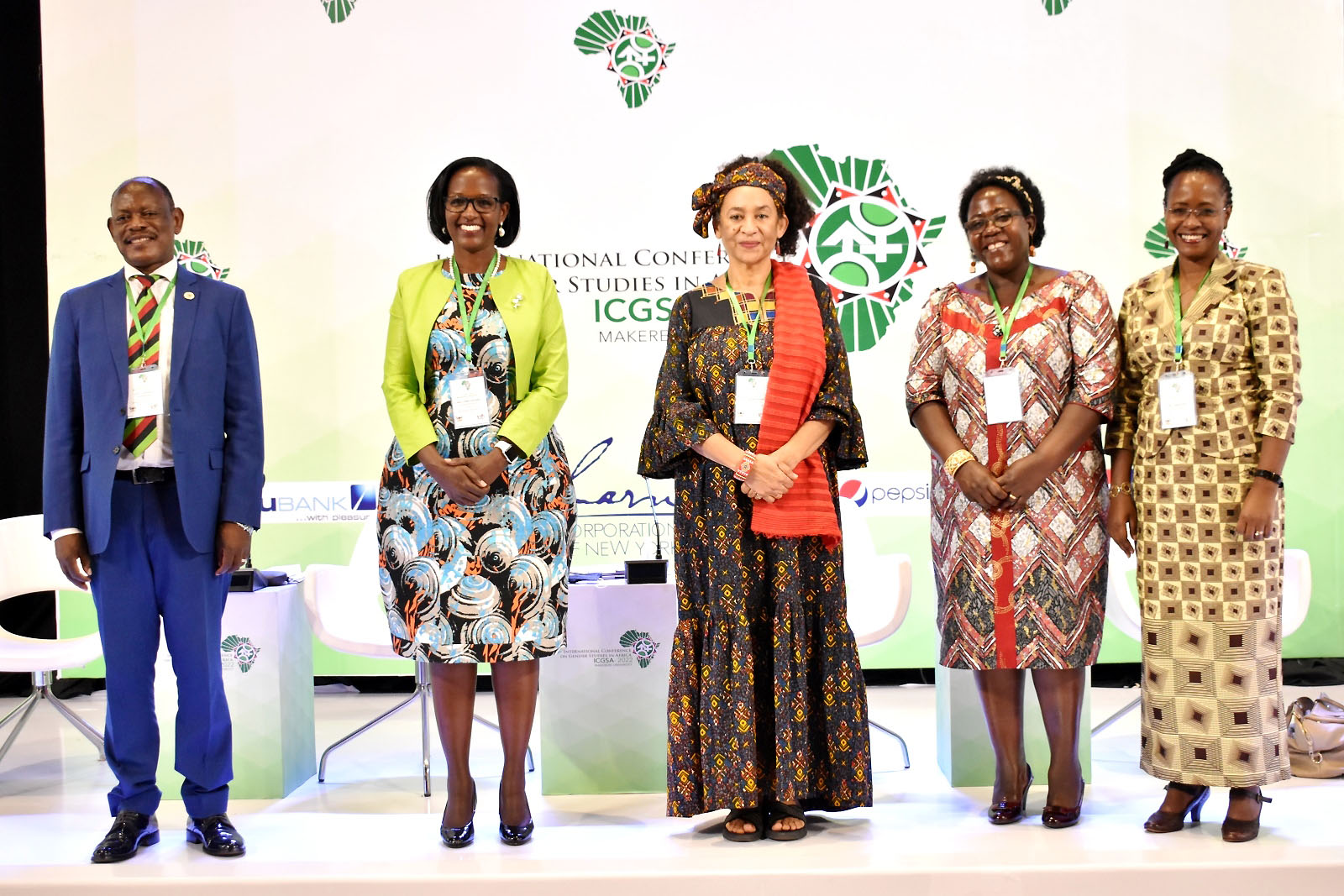 The Chairperson Mak Council - Mrs. Lorna Magara (2nd L) with L-R: the Vice Chancellor - Prof. Barnabas Nawangwe, Keynote Speaker - Prof. Amina Mama, Principal CHUSS - Assoc. Prof. Josephine Ahikire and Dean, School of Gender and Women Studies - Assoc. Prof. Sarah Ssali at the opening ceremony on 23rd Feb 2022, CFT2 Auditorium.