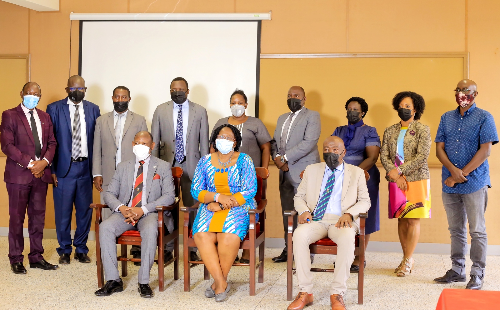 Seated L-R: The Vice Chancellor-Prof. Barnabas Nawangwe, Head GAMSU-Prof. Grace Bantebya Kyomuhendo and DVCFA & Chair GASU Steering Committee-Prof. Henry Alinaitwe with Members of the Steering Committee at the first meeting on 22nd February 2022, CTF1, Makerere University.