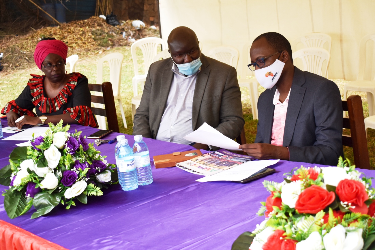 R-L: The Principal Prof. Christopher Mbazira, Deputy Principal Dr. Ronald Naluwairo and Prof. Sylvia Tamale at the School of Law orientation of Fresh Men and Women on 2nd February 2022, Makerere University.