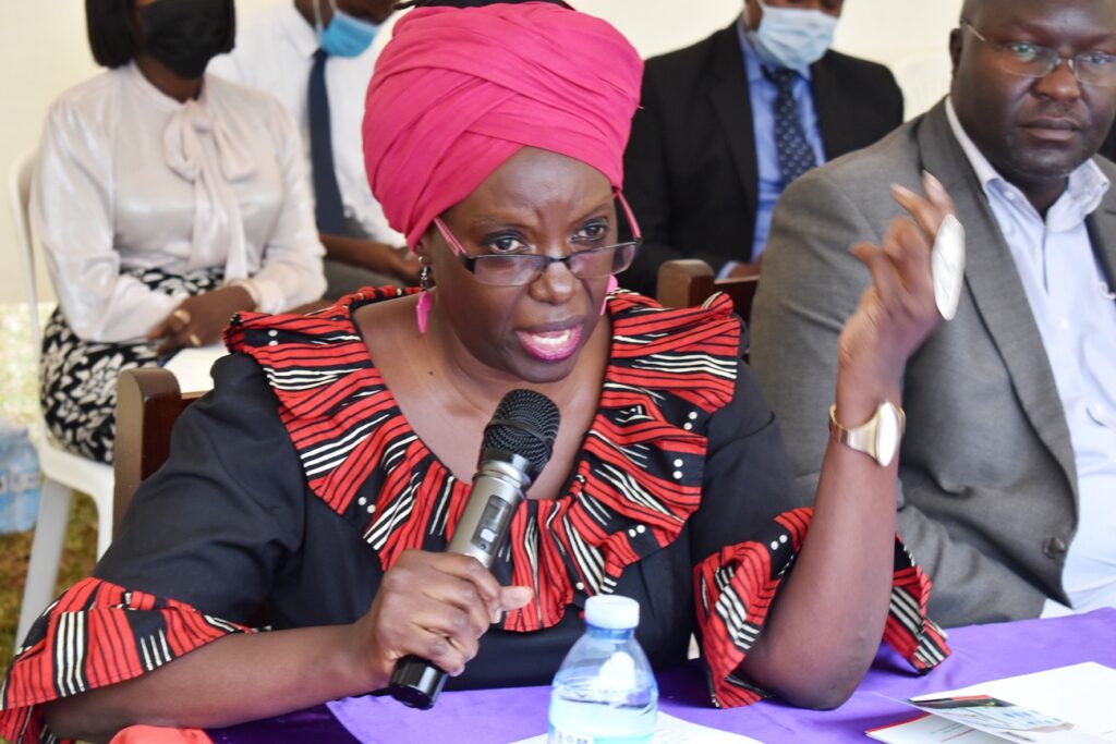 Prof. Sylvia Tamale addresses the Fresh Men and Women on Sexual Harassment. Right is Dr. Ronald Naluwairo.