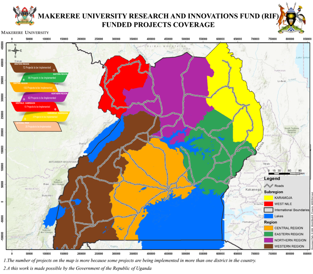 A map of Uganda showing Mak-RIF coverage by 2021. The number of projects to be implemented are; Western-72, Eastern-86, Central-130, Northern-62, West Nile-10, Karamoja-3 and Nationwide-35. 