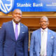 The Vice Chancellor, Prof. Barnabas Nawangwe (R) with the Chief Executive Officer, Stanbic Uganda Holdings, Andrew Mashanda (L) shortly before they proceeded to plant a tree celebrating Governor Tumusiime-Mutebile's life, at the Stanbic Makerere Branch on 2nd February 2022.