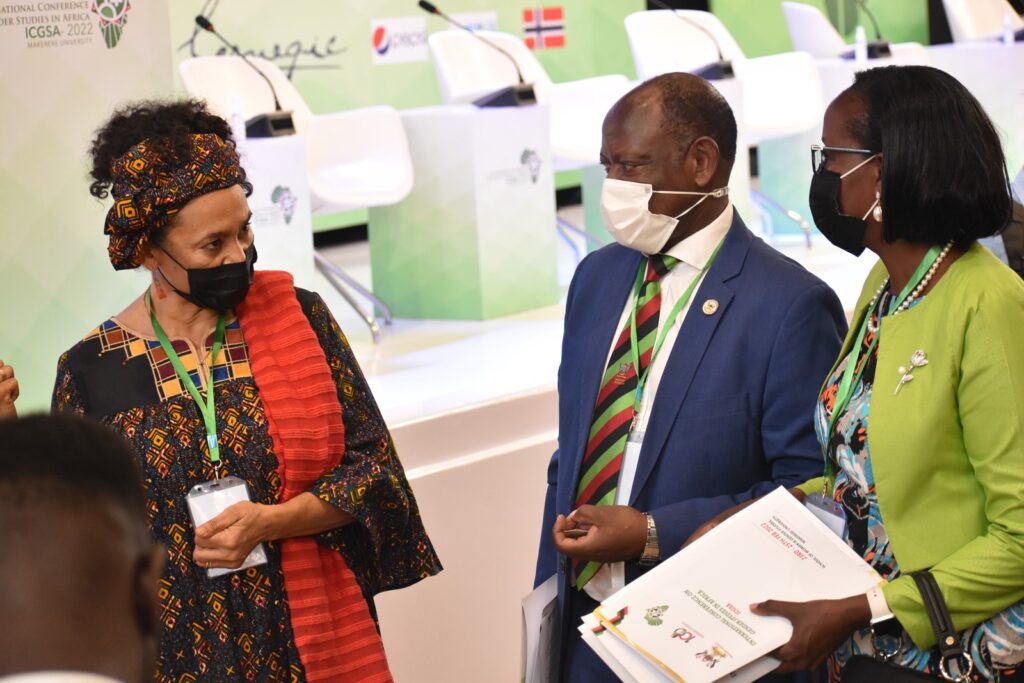 R-L: Mrs. Lorna Magara, Prof. Barnabas Nawangwe and Prof. Amina Mama chat on the sidelines of the Conference.