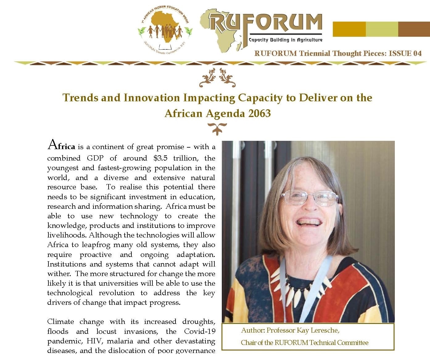 RUFORUM Triennial Thought Pieces: ISSUE 04 by Prof. Kay Leresche, Chair of the RUFORUM Technical Committee.