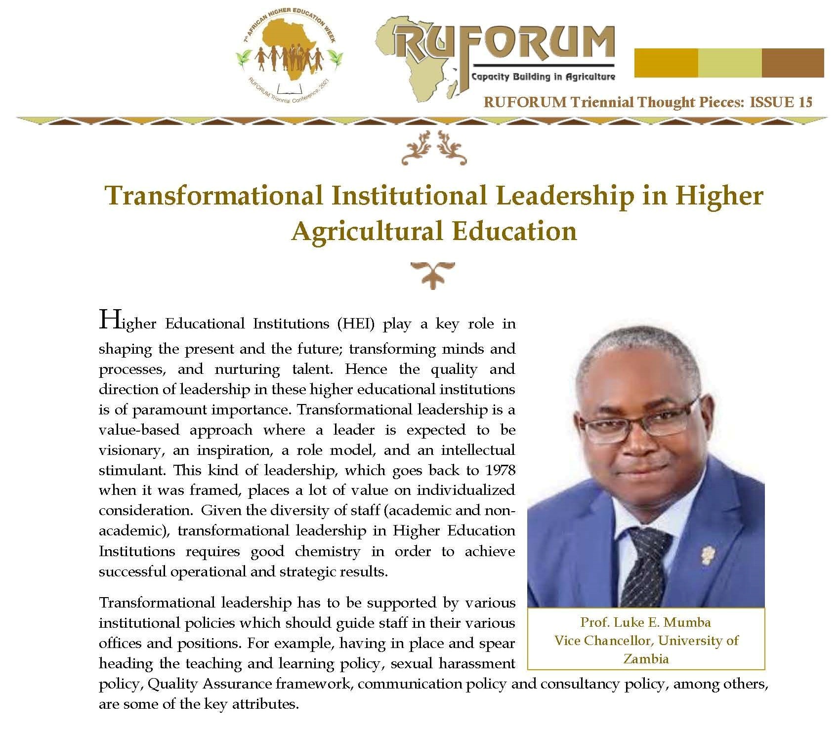 RUFORUM Triennial Thought Pieces: ISSUE 15 by Prof. Luke E. Mumba, Vice Chancellor, University of Zambia.