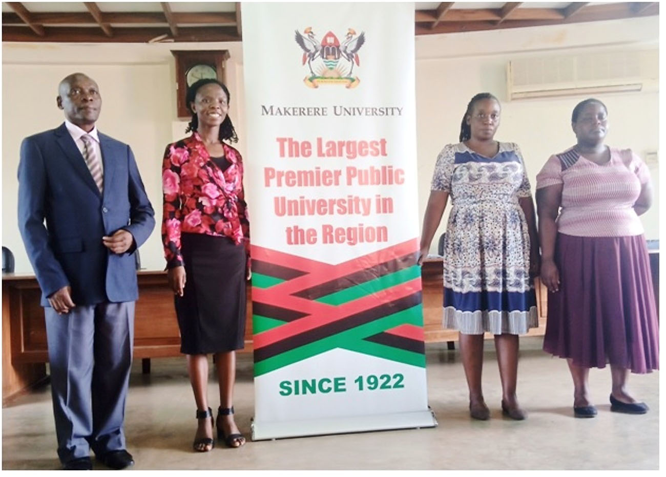 L-R: Mr. Charles Ssentongo, Ms. Ritah Namisango and Buzzibwera Senior School Career and Guidance teachers Ms. Rachael Nakazinga and Ms. Florence Namugga during their visit to Makerere University on 28th February 2022. (Photo by Alex Mugalu)