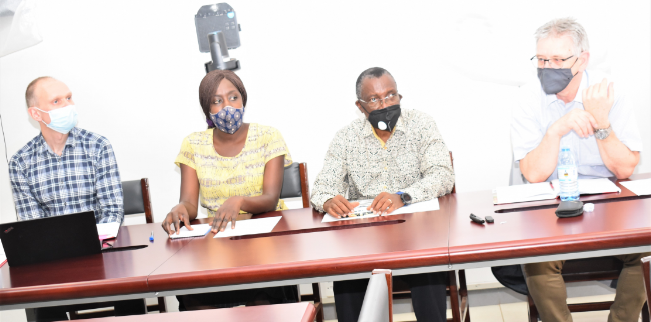 Right-Left: Prof. Jan Mulder from the Norwegian University of Life Sciences; Prof. Samuel Kyamanywa, PI of the NORHED II CSA; Dr Mildred Ochwo Semakula, Head Department of Agricultural Production, CAES; and Prof. Vegard Martinsen at the project meeting at CAES